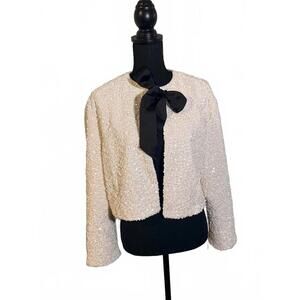 H&M White Cream Sequin Cropped Jacket with Black Bow Tie - LARGE